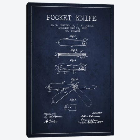 Pocket Knife Navy Blue Patent Blueprint Canvas Print #ADP1351} by Aged Pixel Canvas Artwork