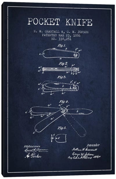 Pocket Knife Navy Blue Patent Blueprint Canvas Art Print - Aged Pixel: Weapons