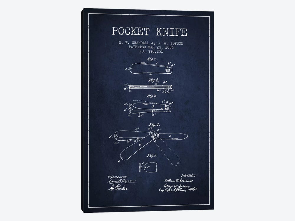 Pocket Knife Navy Blue Patent Blueprint by Aged Pixel 1-piece Canvas Artwork