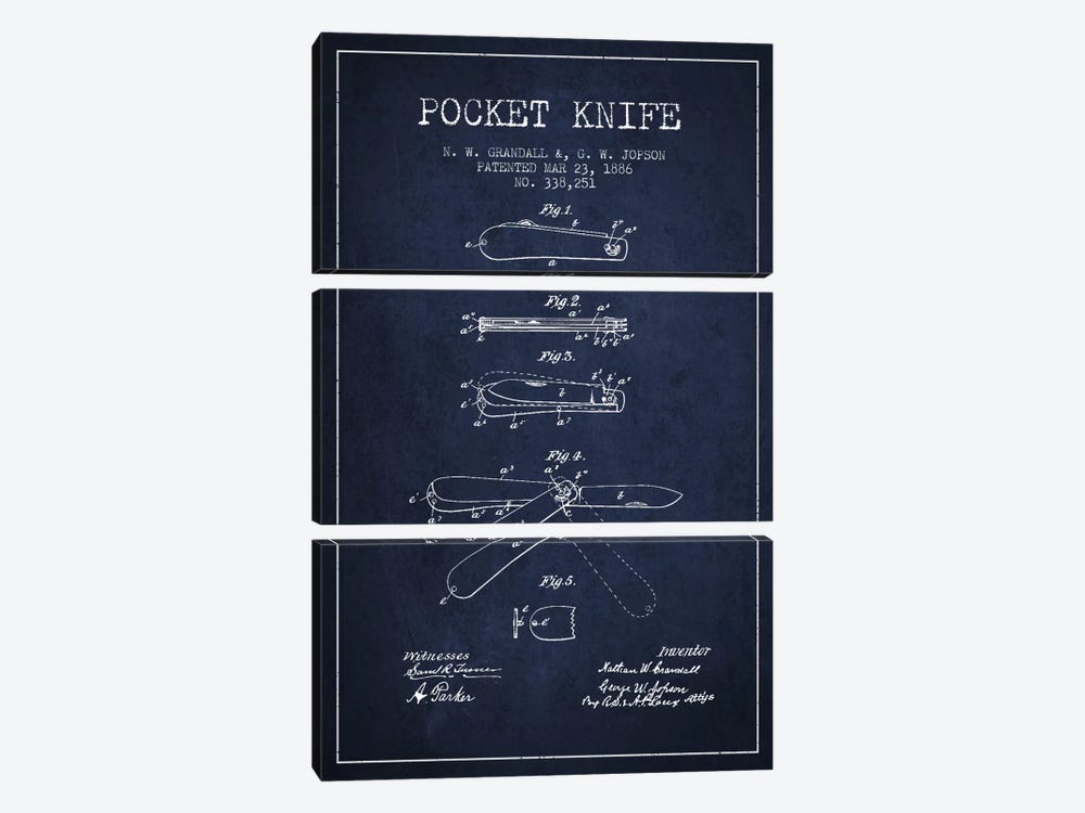 Pocket Knife Navy Blue Patent Blueprint by Aged Pixel 3-piece Canvas Artwork