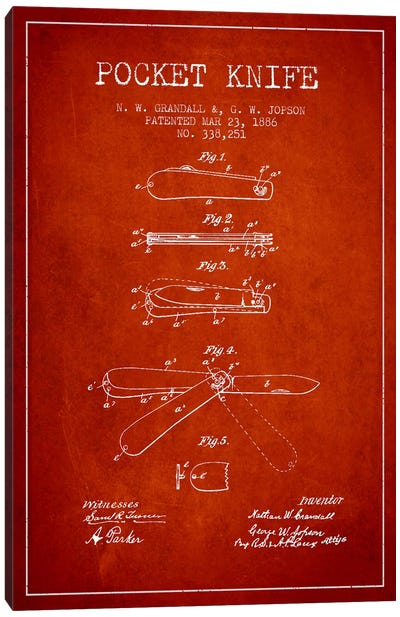 Pocket Knife Red Patent Blueprint Canvas Art Print - Aged Pixel: Weapons