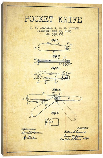 Pocket Knife Vintage Patent Blueprint Canvas Art Print - Aged Pixel: Weapons
