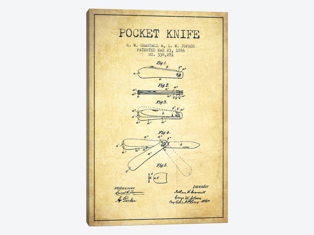 Pocket Knife Vintage Patent Blueprint by Aged Pixel 1-piece Canvas Artwork