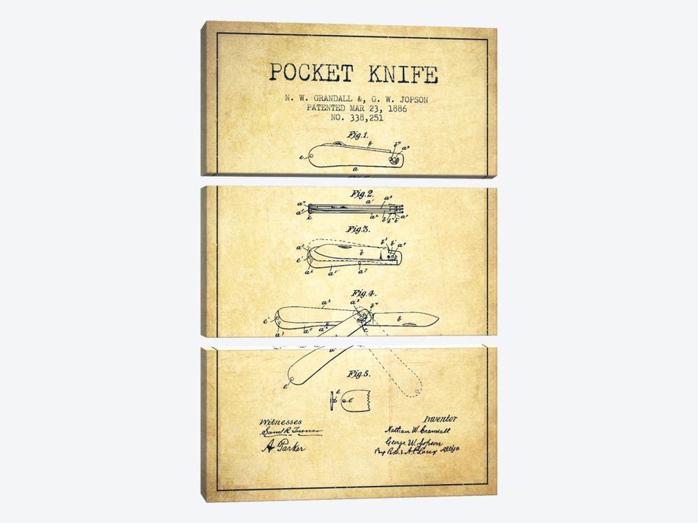Pocket Knife Vintage Patent Blueprint by Aged Pixel 3-piece Canvas Artwork