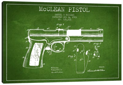 McClean Pistol Green Patent Blueprint Canvas Art Print - Weapons & Artillery Art