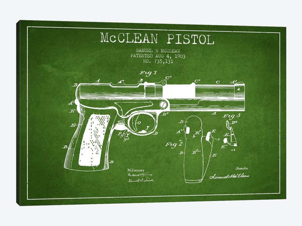 McClean Pistol Green Patent Blueprint by Aged Pixel 1-piece Canvas Art