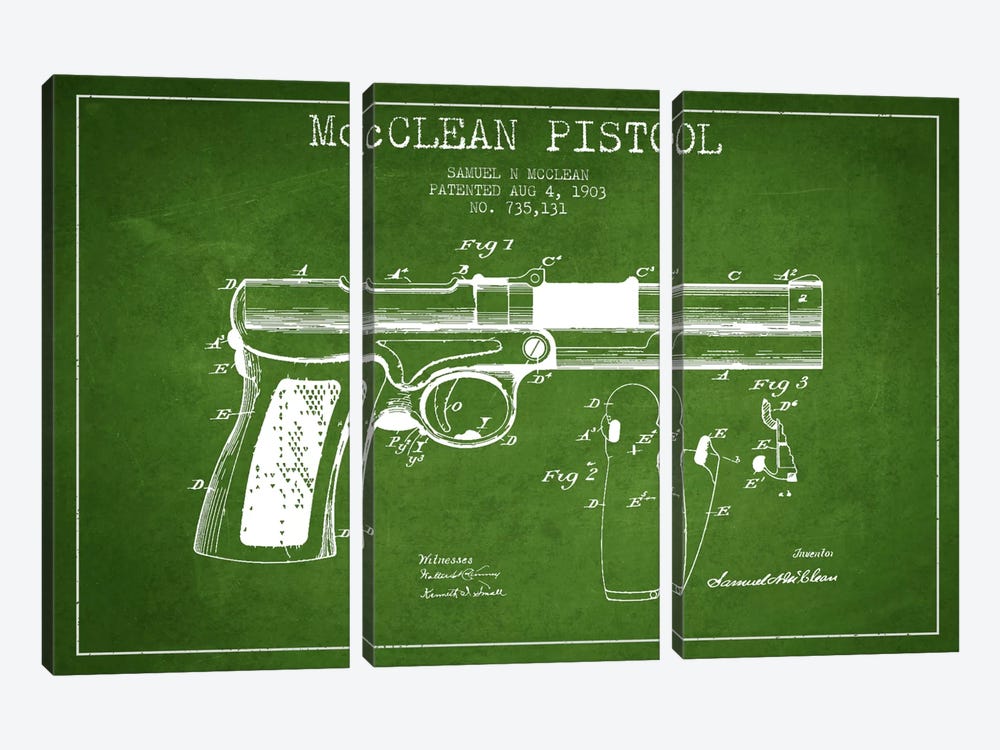 McClean Pistol Green Patent Blueprint by Aged Pixel 3-piece Canvas Art