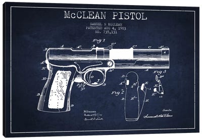 McClean Pistol Navy Blue Patent Blueprint Canvas Art Print - Weapons & Artillery Art