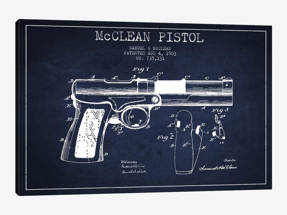 McClean Pistol Navy Blue Patent Blueprint by Aged Pixel 1-piece Canvas Art Print