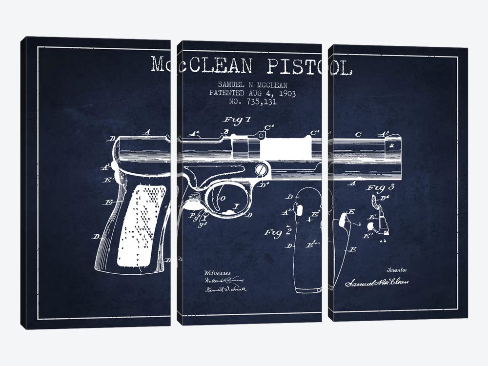 McClean Pistol Navy Blue Patent Blueprint by Aged Pixel 3-piece Canvas Art Print