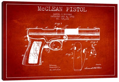 McClean Pistol Red Patent Blueprint Canvas Art Print - Weapons & Artillery Art