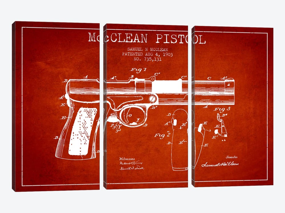 McClean Pistol Red Patent Blueprint by Aged Pixel 3-piece Canvas Wall Art