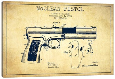 McClean Pistol Vintage Patent Blueprint Canvas Art Print - Weapons & Artillery Art