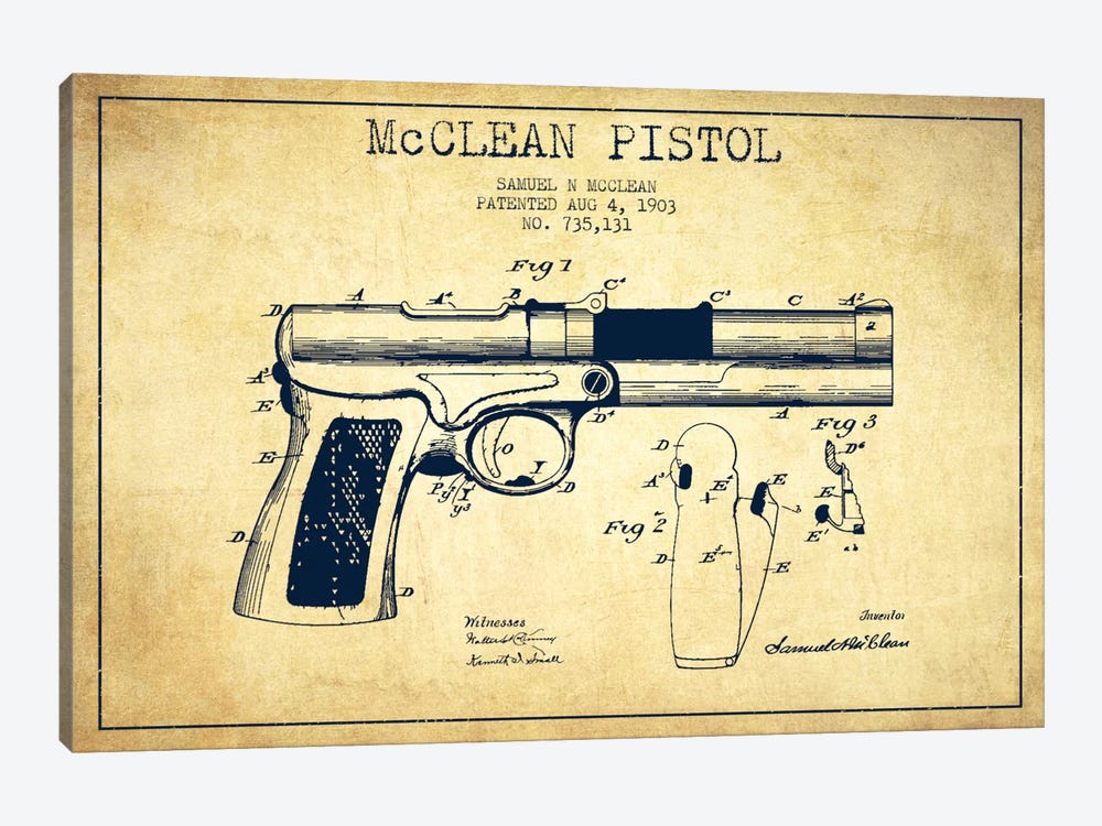 McClean Pistol Vintage Patent Blueprint by Aged Pixel 1-piece Canvas Art Print
