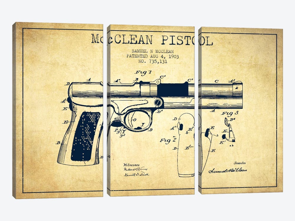 McClean Pistol Vintage Patent Blueprint by Aged Pixel 3-piece Canvas Print