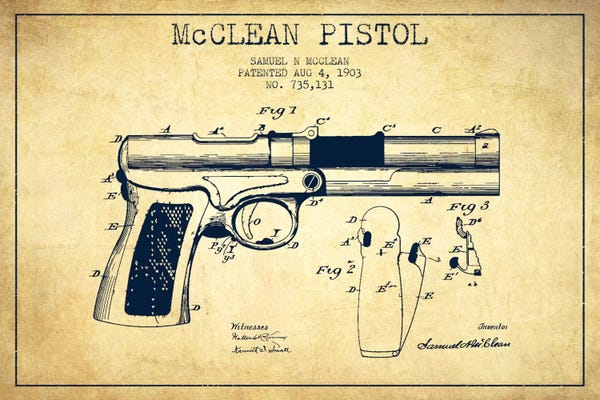 Weapon Blueprints: McClean Pistol Vintage Patent Blueprint by Aged Pixel