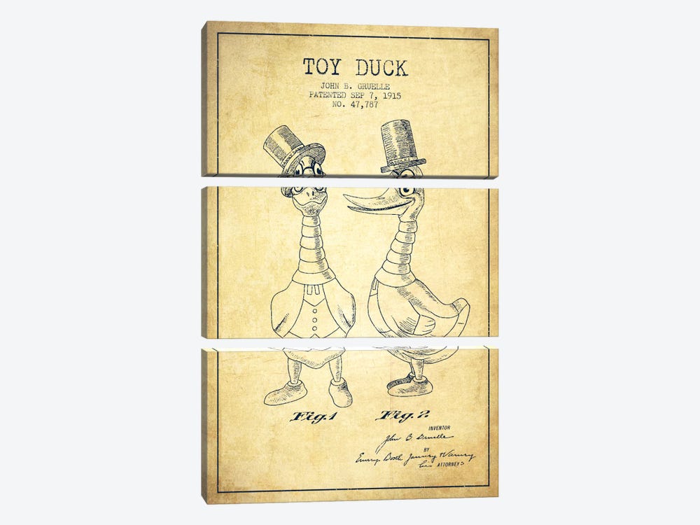 Male Duck Vintage Patent Blueprint by Aged Pixel 3-piece Canvas Art