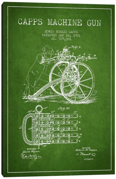 Capps Machine Gun Green Patent Blueprint Canvas Art Print - Weapons & Artillery Art