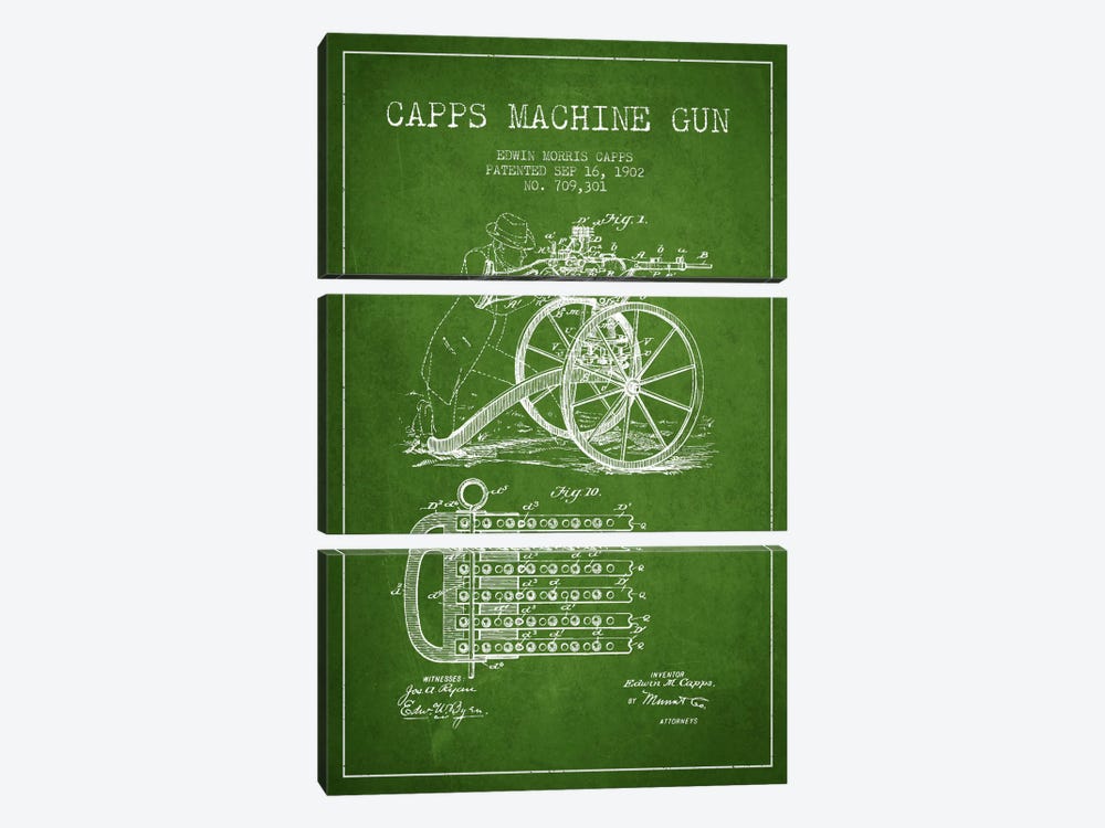 Capps Machine Gun Green Patent Blueprint by Aged Pixel 3-piece Canvas Artwork