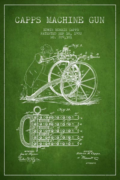Weapon Blueprints: Capps Machine Gun Green Patent Blueprint by Aged Pixel