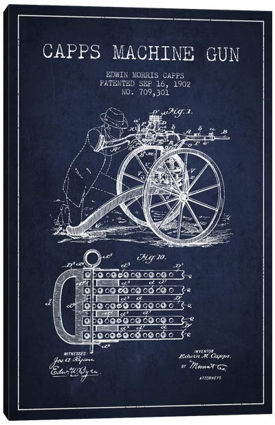 Capps Machine Gun Navy Blue Patent Blueprint Canvas Art Print - Weapon Blueprints