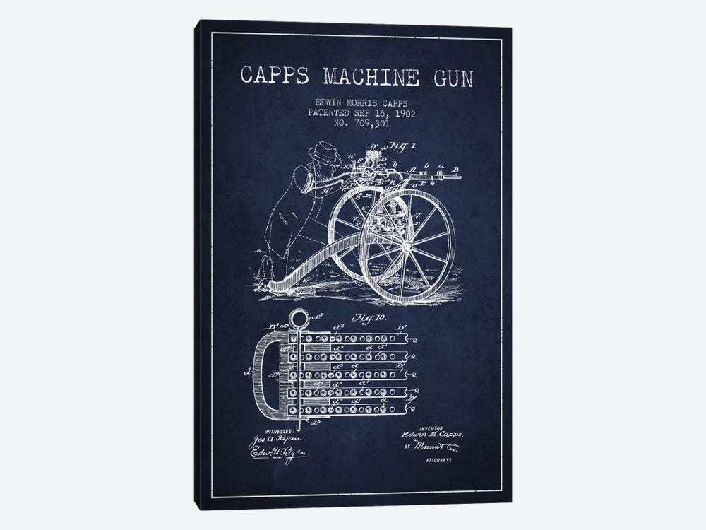 Capps Machine Gun Navy Blue Patent Blueprint by Aged Pixel 1-piece Canvas Art Print
