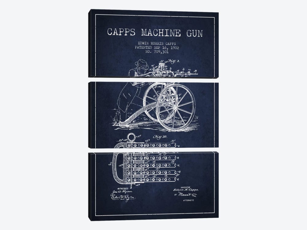 Capps Machine Gun Navy Blue Patent Blueprint by Aged Pixel 3-piece Art Print