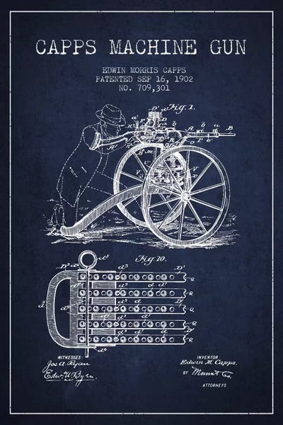 Weapon Blueprints: Capps Machine Gun Navy Blue Patent Blueprint by Aged Pixel