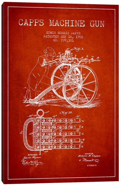 Capps Machine Gun Red Patent Blueprint Canvas Art Print - Weapons & Artillery Art