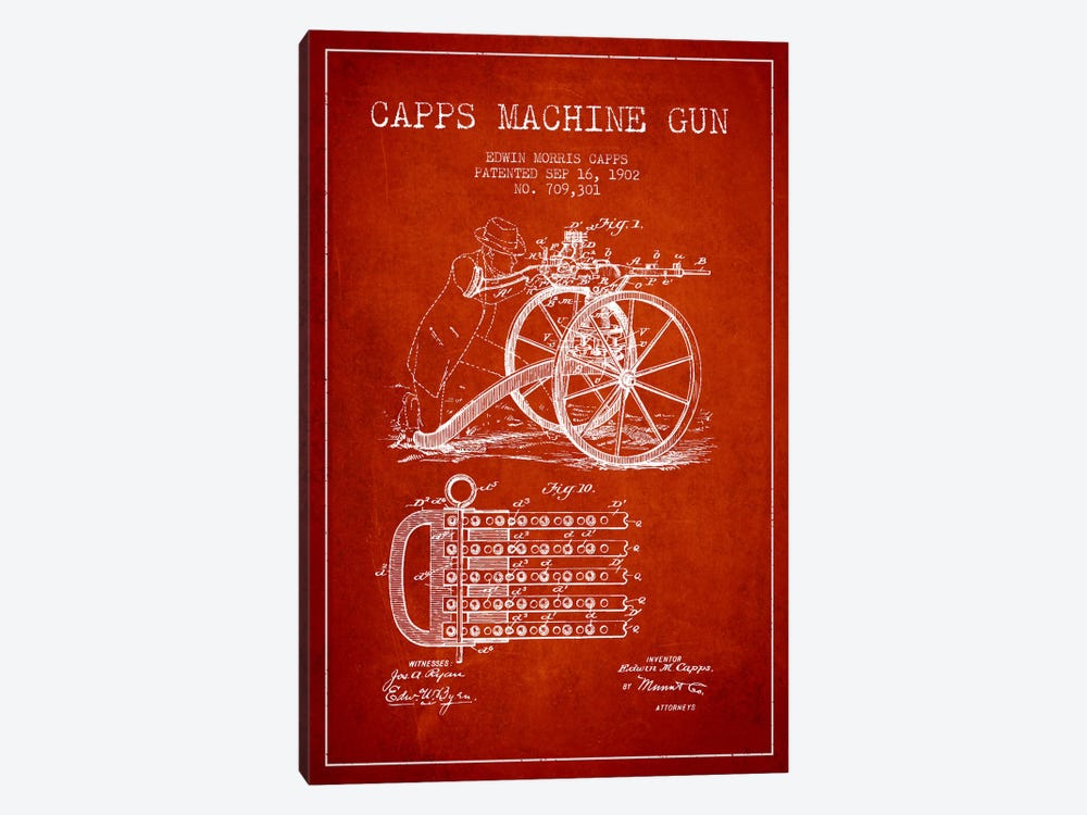 Capps Machine Gun Red Patent Blueprint by Aged Pixel 1-piece Canvas Art