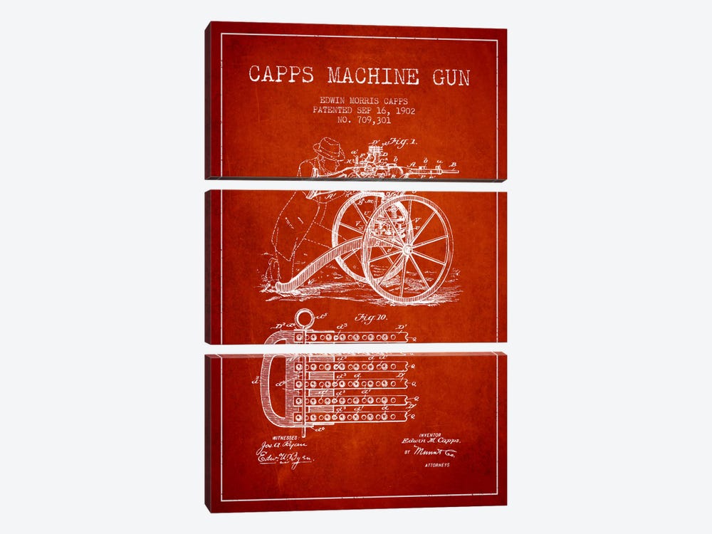Capps Machine Gun Red Patent Blueprint by Aged Pixel 3-piece Canvas Wall Art