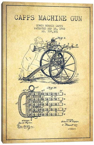 Capps Machine Gun Vintage Patent Blueprint Canvas Art Print - Aged Pixel: Weapons