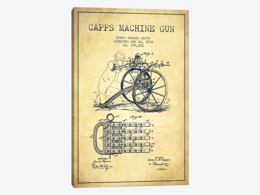 Capps Machine Gun Vintage Patent Blueprint by Aged Pixel 1-piece Art Print