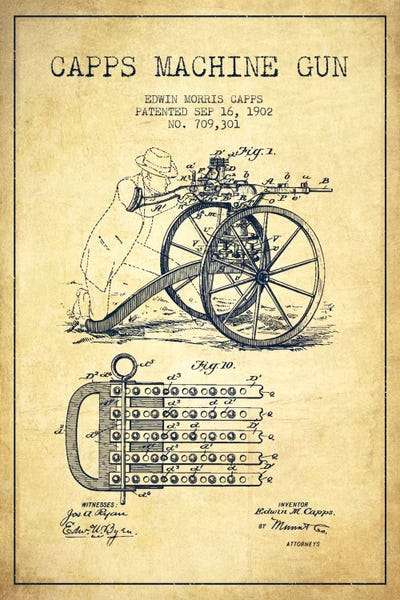 Weapon Blueprints: Capps Machine Gun Vintage Patent Blueprint by Aged Pixel
