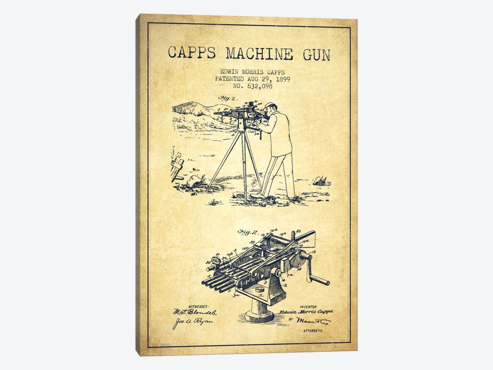Capps M Gun Vintage Patent Blueprint by Aged Pixel 1-piece Canvas Wall Art