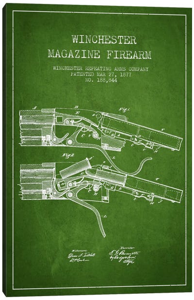 Winchester Rifle Green Patent Blueprint Canvas Art Print - Weapon Blueprints