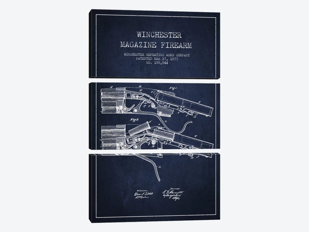 Winchester Rifle Navy Blue Patent Blueprint by Aged Pixel 3-piece Canvas Print
