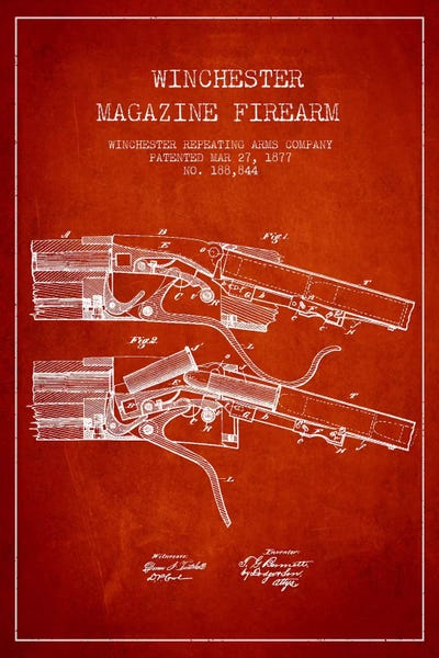 Winchester Rifle Red Patent Blueprint by Aged Pixel metal wall art