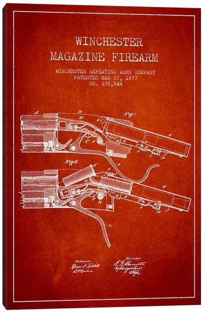 Winchester Rifle Red Patent Blueprint Canvas Art Print - Weapons & Artillery Art