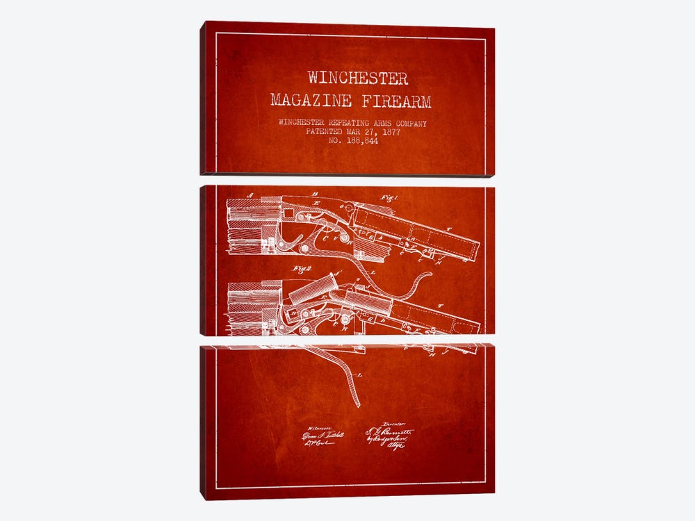 Winchester Rifle Red Patent Blueprint by Aged Pixel 3-piece Canvas Wall Art