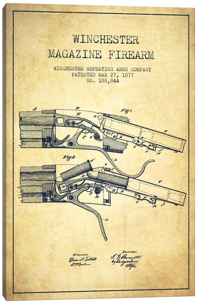 Winchester Rifle Vintage Patent Blueprint Canvas Art Print - Weapons & Artillery Art