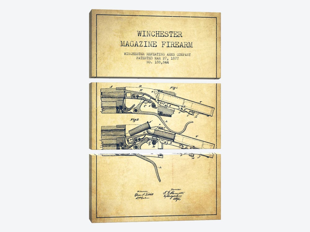Winchester Rifle Vintage Patent Blueprint by Aged Pixel 3-piece Canvas Art Print
