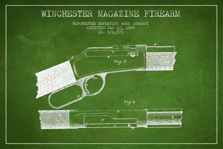 Winchester Fire Arm Green Patent Blueprint by Aged Pixel wall art