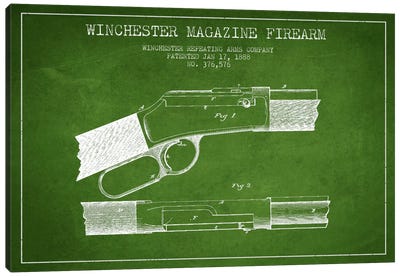 Winchester Fire Arm Green Patent Blueprint Canvas Art Print - Weapon Blueprints
