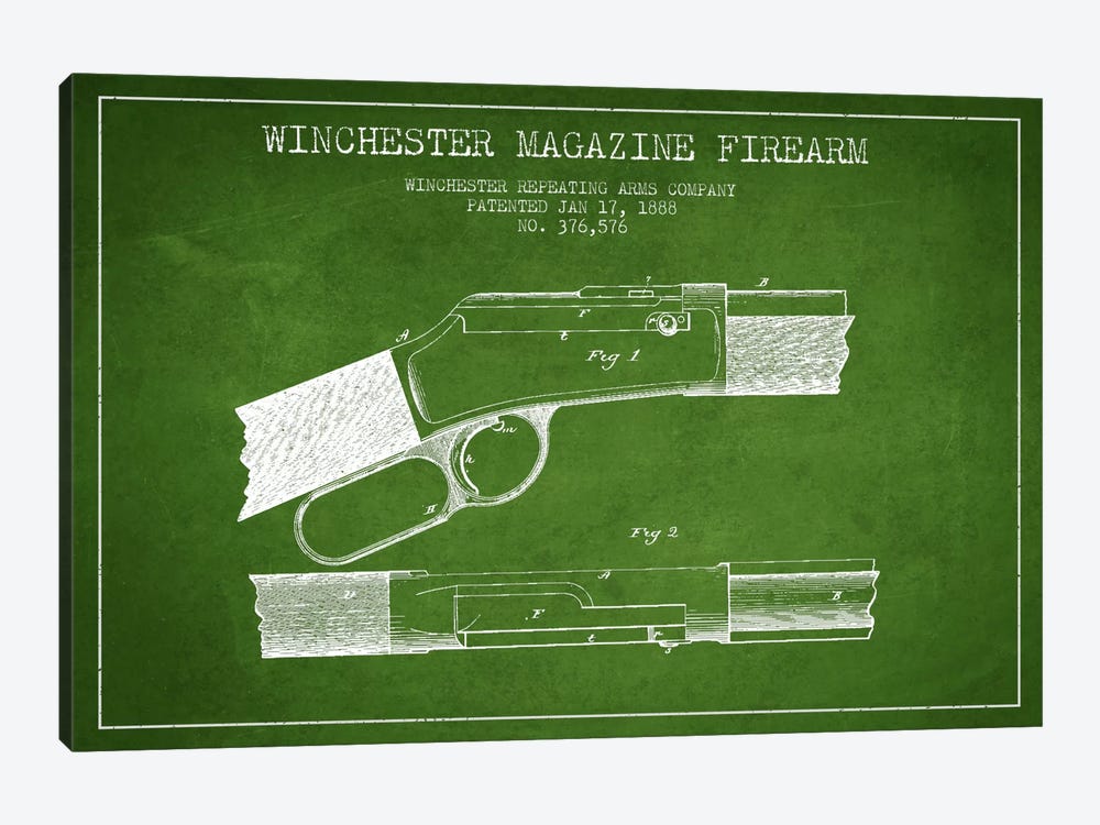 Winchester Fire Arm Green Patent Blueprint by Aged Pixel 1-piece Canvas Art