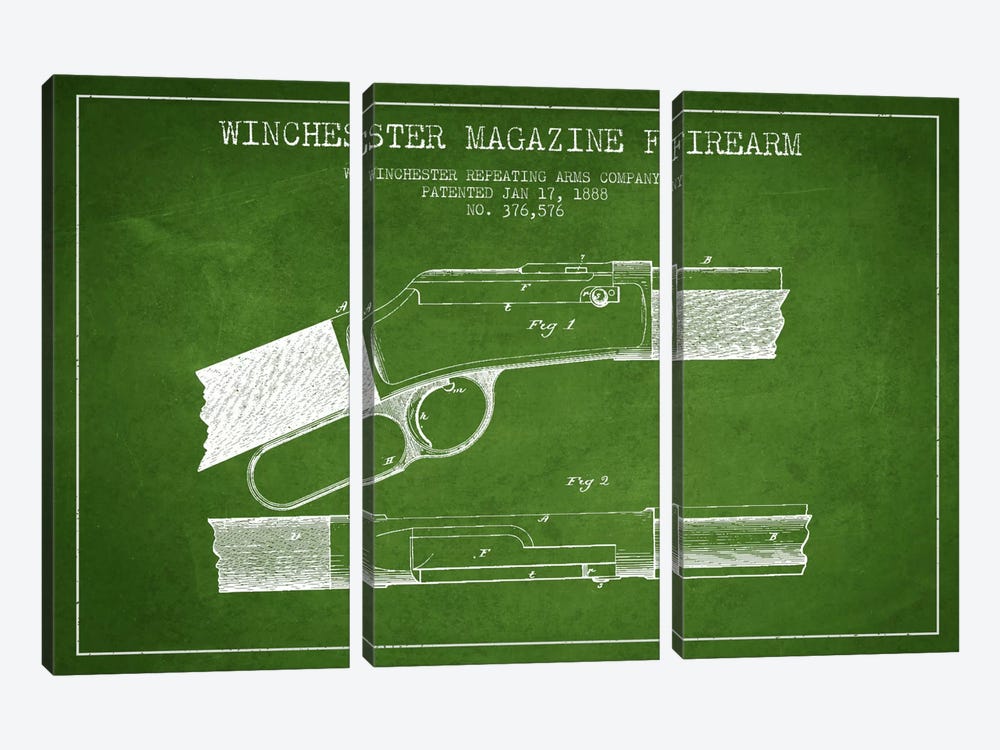 Winchester Fire Arm Green Patent Blueprint by Aged Pixel 3-piece Canvas Artwork