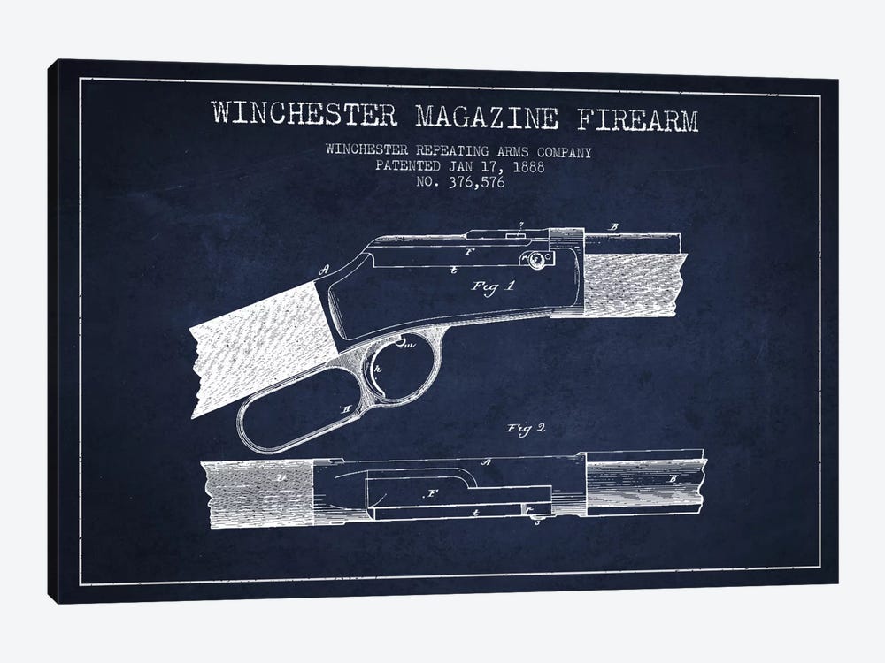 Winchester Fire Arm Navy Blue Patent Blueprint by Aged Pixel 1-piece Art Print