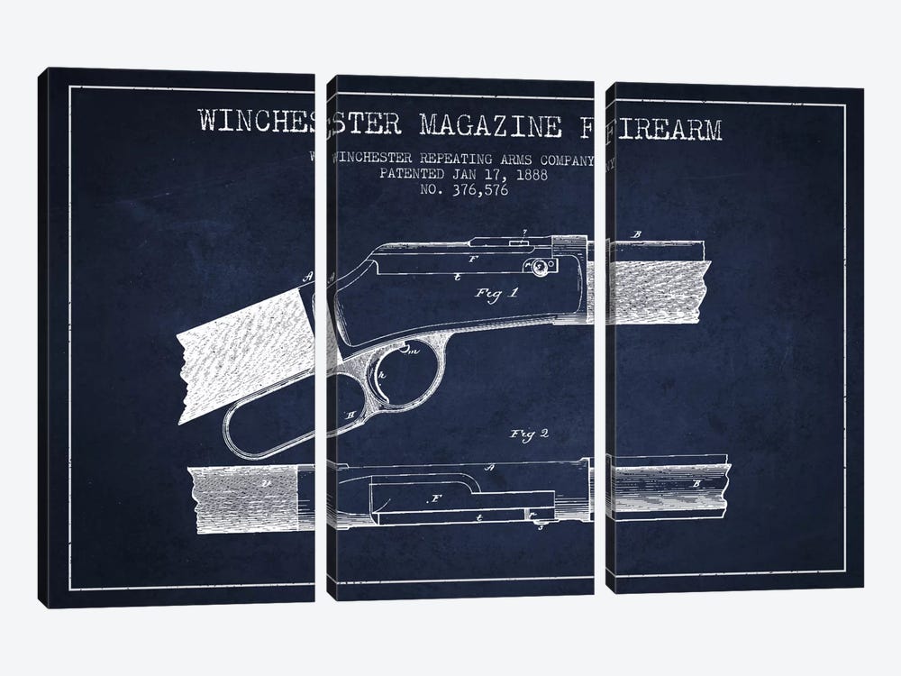 Winchester Fire Arm Navy Blue Patent Blueprint by Aged Pixel 3-piece Canvas Print