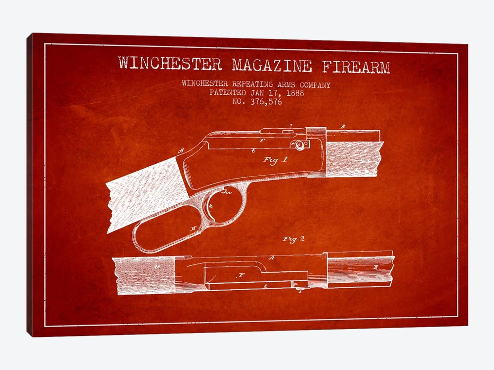 Winchester Fire Arm Red Patent Blueprint by Aged Pixel 1-piece Canvas Wall Art