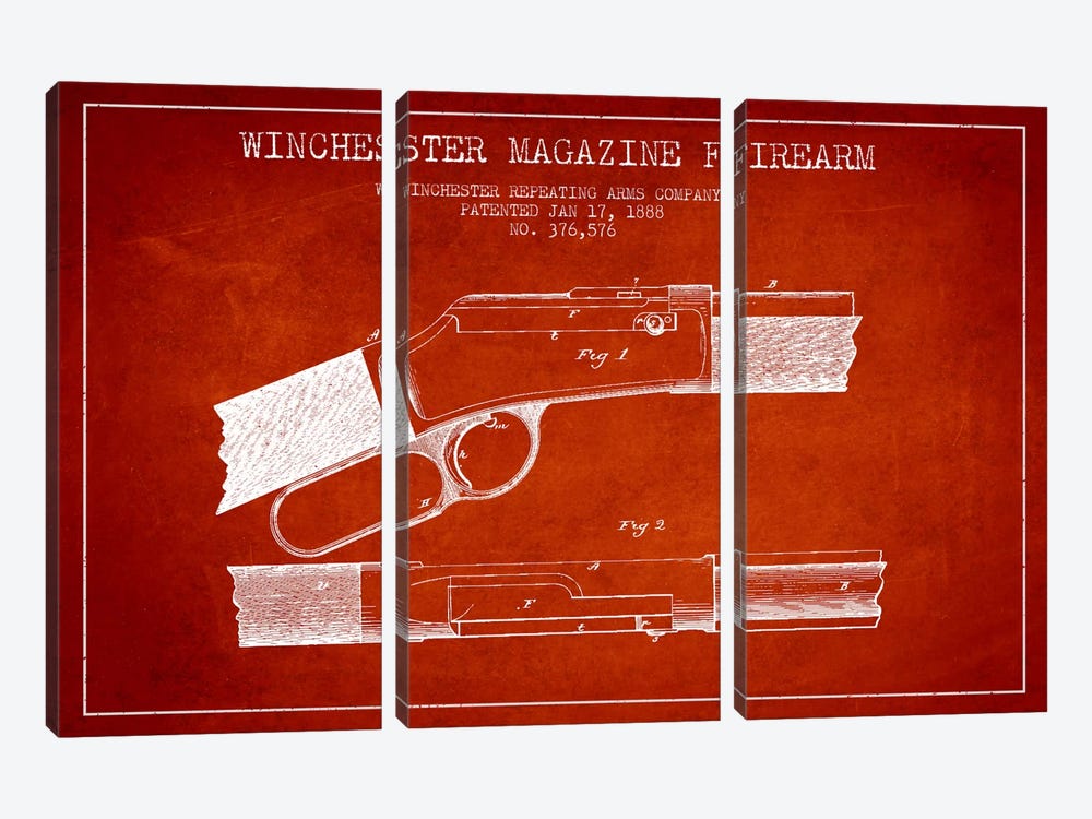 Winchester Fire Arm Red Patent Blueprint by Aged Pixel 3-piece Canvas Artwork